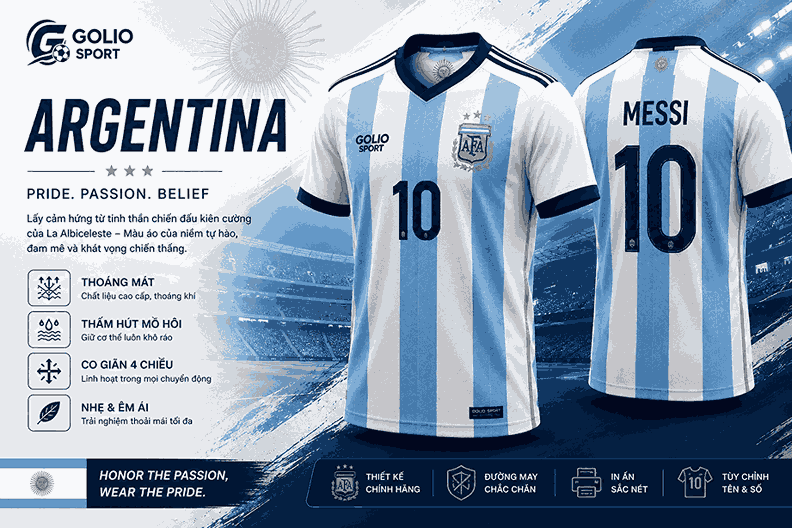 Áo Đá Bóng Đội Tuyển Argentina 2026 GOLIO Sport | Thiết Kế Theo Yêu Cầu 1 Áo đá bóng đội tuyển Argentina 2026 GOLIO Sport
